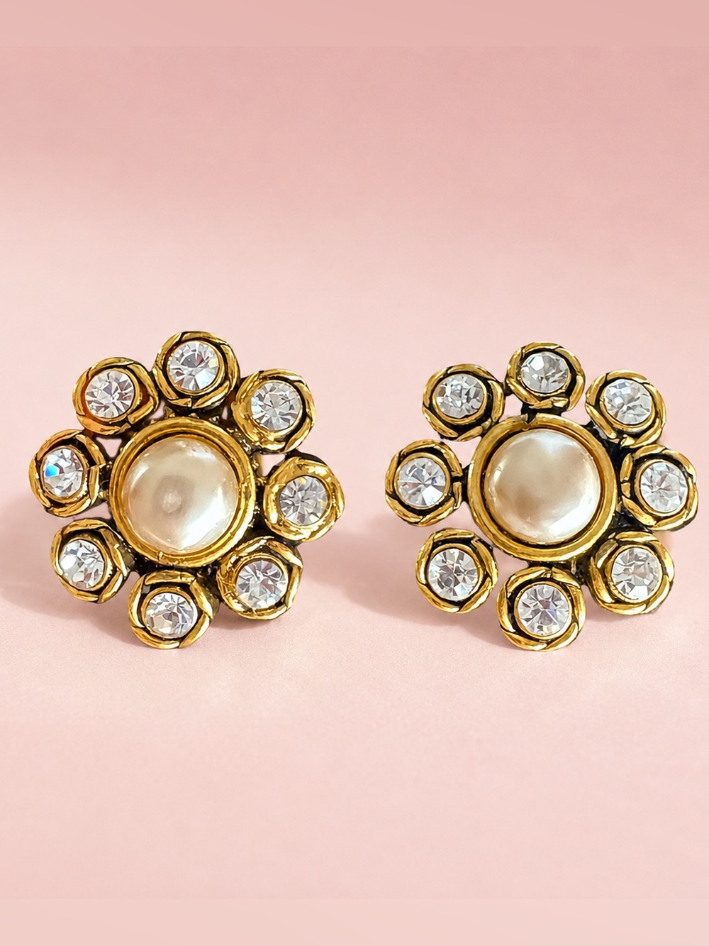 CHANEL 2003 Vintage Pearl Crystal Flower Clip Earrings Gold Made France